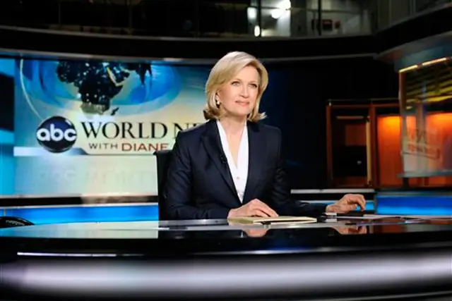 Photograph of Diane Sawyer giving a news brief today by Ida Mae Astute/ABC News